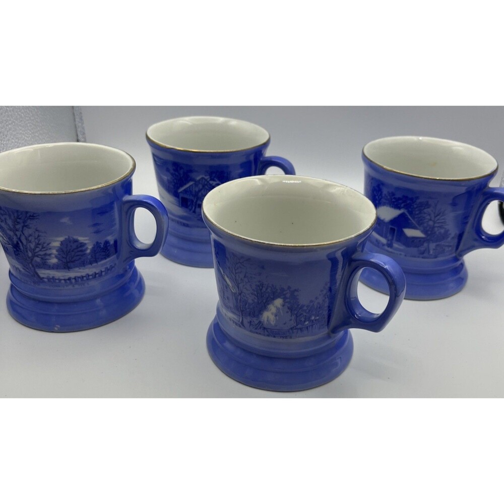 Vintage Currier And Ives Shaving Mugs Blue & White Lot of 4 Different Designs